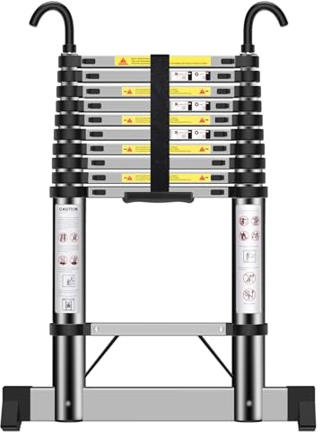 Échelle Télescopique 3,2m, Échelle Extensible en Acier Inoxydable avec Crochets, Hauteur Réglable, pour l'entretien Quotidien, Le Jardin, la Caravane, etc.