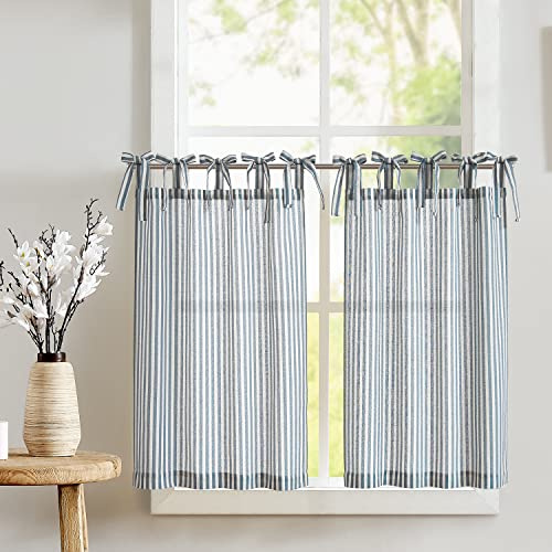 TOPICK Blue Striped Linen Blend Kitchen Curtains for Living Room Bathroom Cupboard Bedroom 24 Inch Drop Pinstripe Cafe Small Window Curtains Light Filtering Tie Top 2 Panels