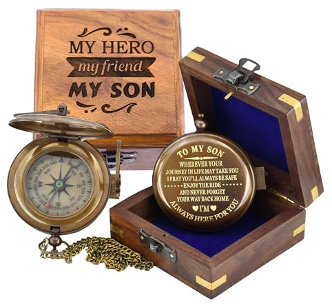 Son Gifts Mom and Dad, To My Son Compass Comes Grain Leather Case Brass Nautical - Personalisierter Sonnenuhr-Kompass, Geburtstagsgeschenke, Abschlussgeschenke (Holzbox)