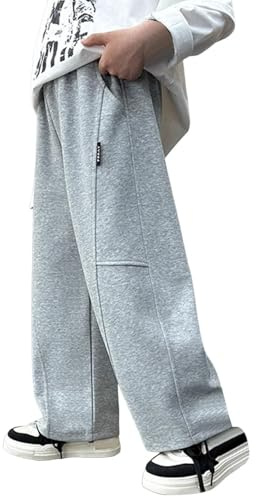 Kids Joggers Sweatpants Baggy Wide Leg School Running Sport Trousers with Pockets Teen Boys Girls Plain Cotton Casual Elastic Waist Sweatpants Bottom (Grey, 12-13 Years)