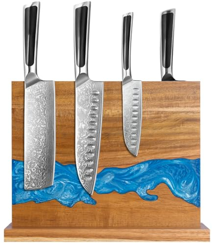 minyuexia magnetic knife holder - Acacia wood Magnetic Knife Block, Magnetic Knife Storage with double-sided magnetic, blue resin river, 12.59 × 9.84 inches (Without knife)