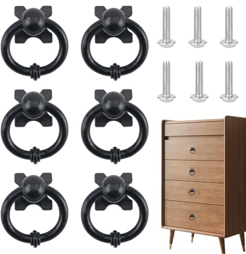6 PCS Drawer Handles Black Drawer Knobs Rings Vintage Cabinet Handles and Ring Pulls with 6 Screws for Home Wardrobe Cupboard Dresser Door Furniture Decorative