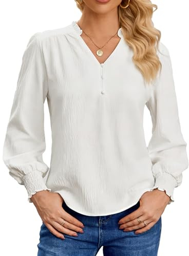 HAWILAND Women Long Sleeve V Neck Blouse Shirts Ladies Elegant Smart Causal Office Work Dressy Tunic Tops White Large