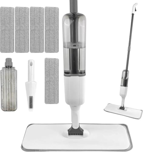 Chiluxendo Scopa Lavapavimenti a Spruzzo, Spray Mop Mocio, Microfibra Mocio Pavimenti con 5 Cuscinetti Riutilizzabili e 1 Raschietto e Flacone Spray per Pulizia di legno, Laminato, Ceramica Pavimenti