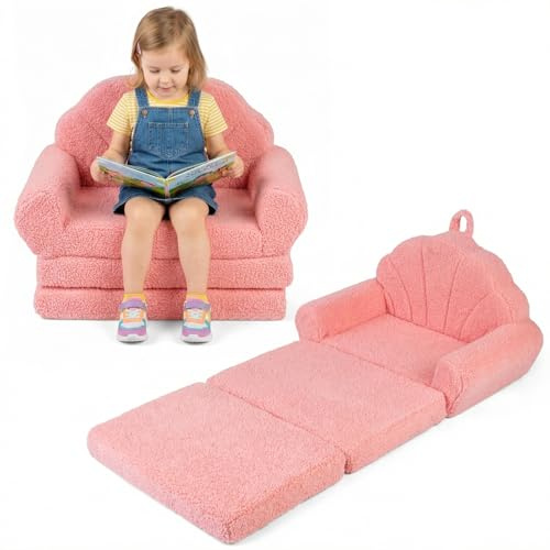 COSTWAY 2 i 1 utfällbar barnsoffa i snäckform, barnsoffa med sovfunktion, barnfåtölj vadderad med avtagbart överdrag, leksoffa barnrum för pojkar och flickor från 3 år (rosa)