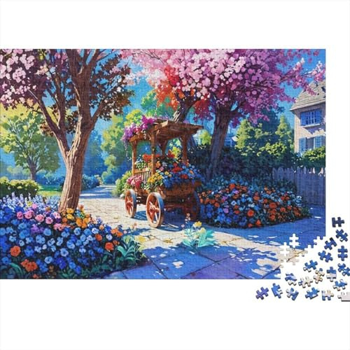 Spring Garden Cart_1 Puzzle Jigsaw Premium Eco-Friendly Relaxing High Difficulty for Team Building Flower Cart Fence Recycled Cardboard Detailed 70x50cm/1000pcs