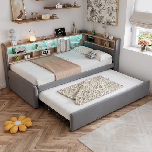 Merax Daybed with Pull Out Trundle Bed, Single Upholstered Sofa Bed with storage Bookcase with charging port&LED strip, Sturdy bed slats, for Living Room and Bedroom, Velvet+Grey/90x190cm(No Mattress)