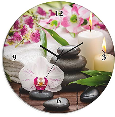 ARTLAND Wanddeko Wanduhr ohne Tickgeräusche Glas Quarzuhr Ø 30 cm Rund Lautlos Zen Steine Orchideen Blumenmotiv Wellness Asien K3AD