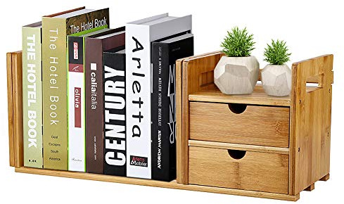 Tabletop Bookshelf, Bamboo Tabletop Book Rack, Adjustable Width Modern and Elegant Shape, for Living Room Bed Room Kitchen Balcony Office, Desk Shelf Organiser