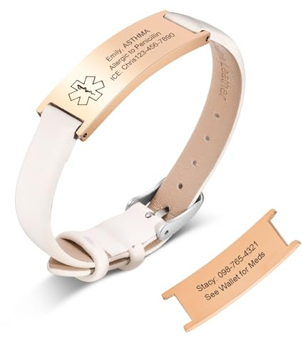 VNOX Customize Medical ID Leather Bracelet for Women Girl Personalise Engraving Medical Alert Leather Wrist Cuff Bracelet Satinless Steel Engraving Metal and Clasp,White