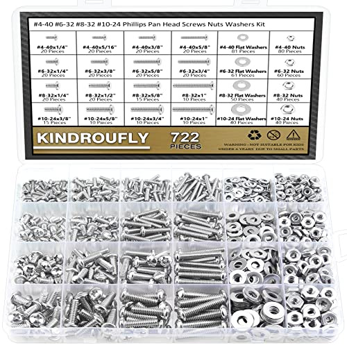 Kindroufly 722 Pieces #4-40#6-32#8-32#10-24, Phillips Pan Head Machine Screws Nuts Assortment Kit, 304 Stainless Steel, Fully Machine Thread