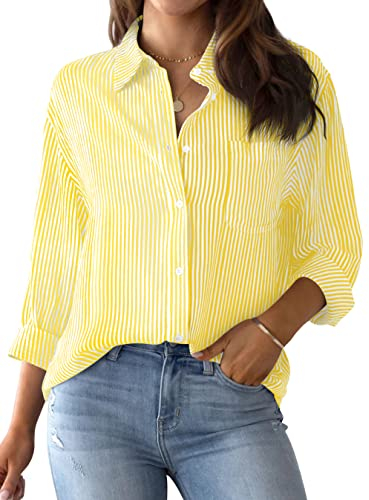 NONSAR Bluse Damen Elegant Langarm Streifenbluse Hemden mit Knöpfen Casual Büro Arbeit Blusen Baumwolle Tunika Hemd Oberteile Tops(9359M,Gelb)
