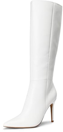 DREAM PAIRS Women's Knee-High Boots, Comfortable Chunky Block Heel Pointed Toe Pull On Side Zipper Suede Slouch Riding Boots for Young ladies,Size 8,White-Pu,SDKB2311W