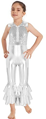 winying Kinder Pailletten Sportbody Ganzkörperanzug Mädchen Metallic Gymnastikanzug Jumpsuit Body Ärmellos Einteiler Tanzbody Overall Silber 122-128
