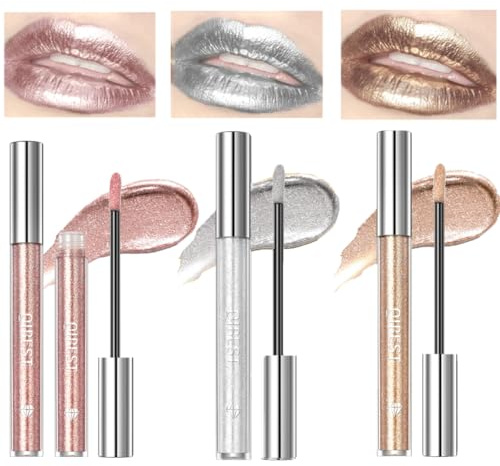 KARLOR Metallic Lipstick Set, 3 PCS Lipgloss Glitter Silver Gold Pink Matt Metallic Lipstick Set Liquid Shiny Lipstick Lipgloss Liquid Lipstick Pink Champagne Shine Punk Makeup (3 Pcs)
