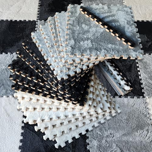 16 Piece Carpet Squares Puzzle Mat 49 x 49 Plush Interlocking Carpet Tiles, Foam Floor Tiles for Baby Play Mat - Kids Soft Play Mats Anti Slip Jigsaw Flooring Playmat Playroom Rug (Black,Gray,White)