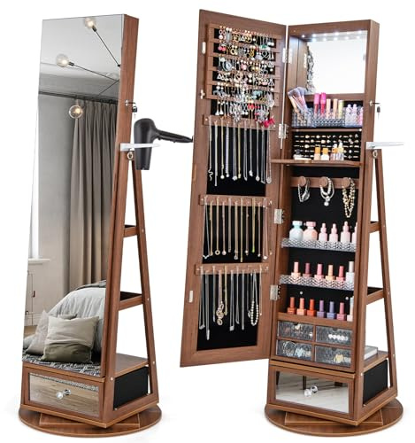 COSTWAY Armario para Joyas, Organizador de Joyas con Luces LED, Armario Joyero con Espejo Entero de Pie Giratorio de 360° Con Cerradura, Estante para Secador y Estantes Traseros (Marrón)