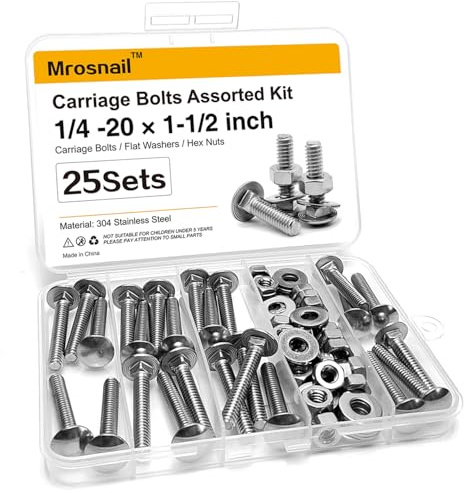 25Pcs Carriage Bolts 1/4-20x1-1/2 Inch, 304 Stainless Steel Full Thread with Round Head Square Neck, Hex Nuts & Washers for Woodworking, Furniture, and Outdoor Projects