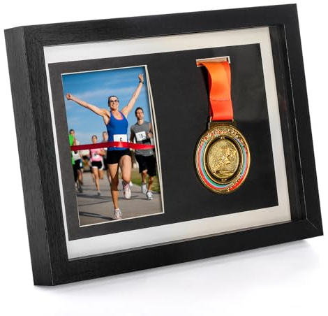 Hacaroa Medal Display Shadow Box, Single Medal and Photo Display Frame Case, Wood Marathon Medal Storage Box for Runners, All Sports Winners, Military Awards, Black