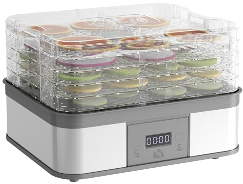 HOMCOM 5 Tier Food Dehydrator, 245W Stainless Steel Food Dryer Machine with Adjustable Temperature, Timer and LCD Display for Drying Fruit, Meat, Vegetable, Jerky and Pet Treat, Grey