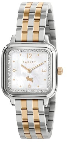 RADLEY Womens Two Tone Silver & Rose Gold Plated Stainless Steel 5-Link Bracelet Square Watch