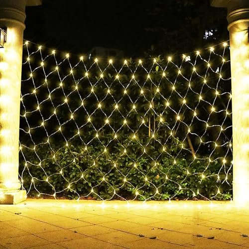 DINOWIN Rete Luminosa Batteria 2x3M 192LED Stringa di Luci a LED Tenda Luminosa 8 Modalità Impermeabili Luci di Natale a Rete per Interni Giardino Matrimoni Feste di Natale (Bianco caldo)