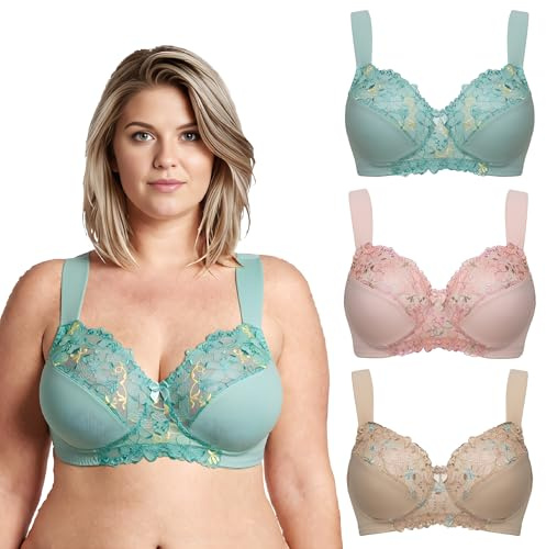 Curve Muse Soutien-Gorge Grande Taille Minimiseur sans Armatures ni Doublure avec Broderie en Dentelle - Pack de 3-Blush,Sage,Nude-95D