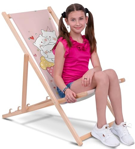 DreamRoots Transat Enfant Bois Chilienne, Sweet Cats, Taille M | Chaise longue enfant extérieur, bain de soleil, chaise de plage, fauteuil jardin, pliable, hêtre, polyester 130 kg