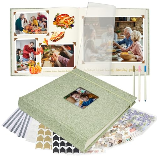 Vienrose Álbum Fotográfico de Lino 30x30 cm con Espacios para Texto, Álbum de Recortes Scrapbook Personalizable DIY para Bodas, Bebés, Familia, Bautizos, Cumpleaños (60 Páginas, Verde Hierba)