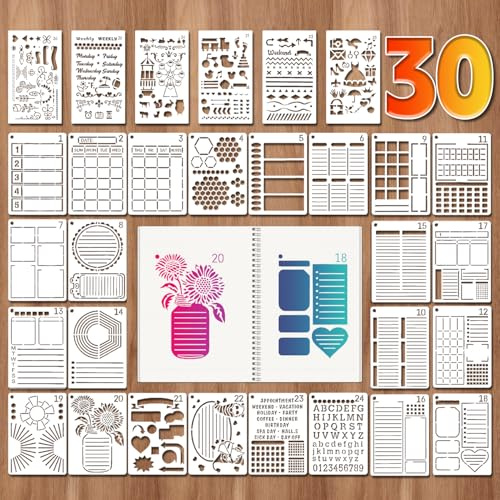 30 Pz Stencil Lettere per Bullet Journal in PET Stencil per Pittura di Disegno Riutilizzabili e Accessori per Kit Bullet Journal Adatti per Fai da te Pianificazione di Diari Scrapbooking