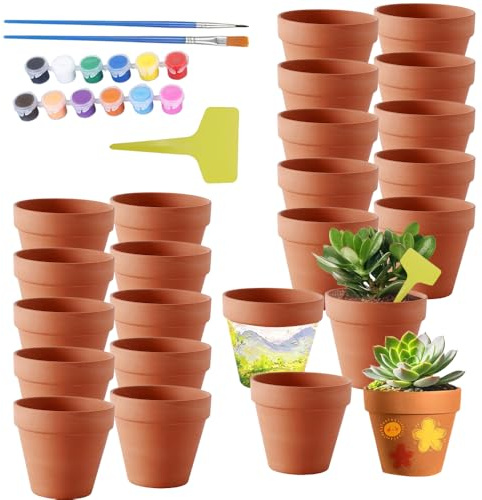 SKIKHN Vasi Terracotta per Succulente,24 Pezzi 5X5 cm Vasetti Per Piantine con Colori&Pennelli&Etichetta,DIY Vasi in Terracotta con Foro di Drenaggio,Vasetti Terracotta Piccoli per Succulente,Cactus