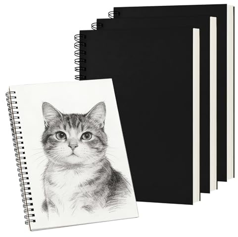 3 Stück A5 Skizzenbüch, 90 Blatt/ 180 Seiten, 160 G/M², Zeichenbuch mit Spiralgebundenes, Skizzenheft A5 Blanko für Kinder & Erwachsene, Ideal für Zeichnen Skizzen Malerei Notizen Graffiti(Schwarz)