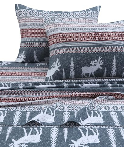 Tribeca Living WIRE170SHEETQU - Set di Lenzuola Invernali in Flanella con Tasca Profonda, Motivo: Renna, 3 Pezzi, per Letto Matrimoniale