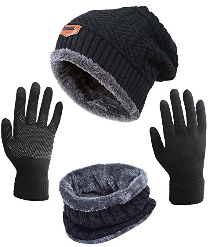Winter Hat Scarf Gloves Slouchy Beanie Snow Knit Skull Cap Touch Screen Mittens Circle Scarves for Women Men Black