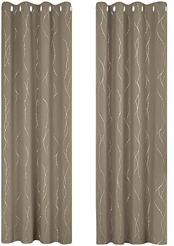 Deconovo Super Soft Blackout Curtains Foil Dotted Line Printed Insulated Curtains Eyelet Curtains for Children Bedroom Khaki W55 xL96 One Pair