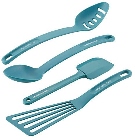 Rachael Ray 47564 Cucina Nylon Nonstick Utensils/Fish Turner, Spatula, Solid and Slotted Spoons, 4 Piece, Agave Blue