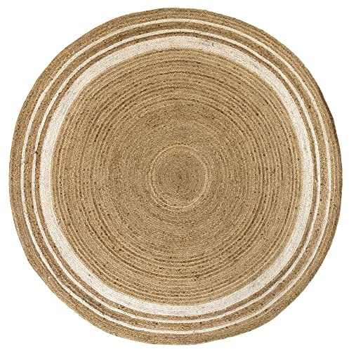 HAMID Alfombra Yute Alhambra Color Natural Greca Blanca Redonda, Alfombra 100% Fibra de Yute, Tejida a Mano, Alfombra de Salón, Dormitorio, Pasillo, (200x200cm)