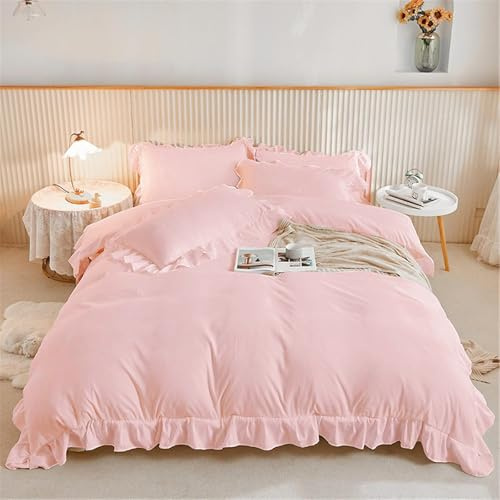 3 Pieces Pink Ruffle Bedding Set with 2 Pillowcase Frills Duvet Cover with Zipper Closure Soft Microfiber Duvet Cover Set Double 200x200 cm