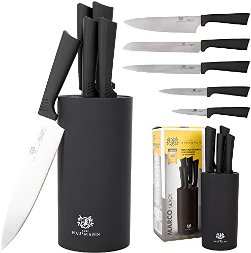 KARL HAUSMANN Bloc Couteaux Cuisine 5 Pièces - Ensembles de Couteaux de Cuisine - Set de Couteau Cuisine Acier Inoxydable - Bloc en Plastique avec Insert en Poils - Couteau Tranchants