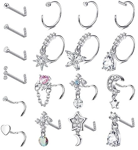 Milacolato 18Pcs 20G Nasenpiercing Ring Stecker Für Damen Männer Edelstahl Nasenstecker CZ Runde Star Nasenring L Form Blume Open Hoop 8mm Silber Nostril Conch Cartilage Daith Piercing Silber