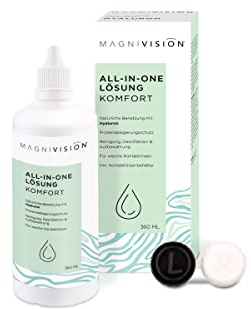 MAGNIVISION All-in-One Lösung Komfort, 360ml All-in-One Lösung für weiche Kontaktlinsen, zur Reinigung und Lagerung von weichen Kontaktlinsen, boratfrei, Made in Europe
