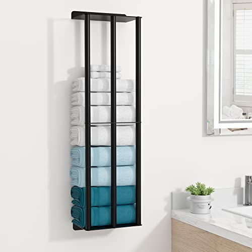 Susswiff Towel Racks for Bathroom 31 Inch - Wall Mounted, Sturdy 2 Metal Shelves and 3 Vertical Bars, Can Holds 6 Large Rolled Bath Towels - for Modern Decor Bathroom Towel Storage (Matte Black)