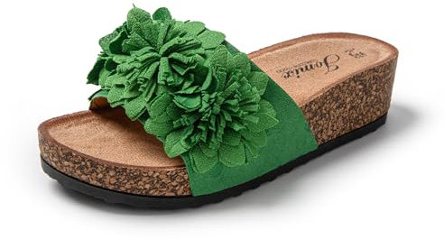 JOMIX Blumen Sandalen Damen Sommer Kunstleder Clogs Bohemia Flach Strandsandalen Pantoletten Plateau Römersandalen (Grün, 37 EU, SD9172)