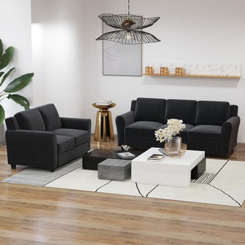 Bonzy Home 2 Piece Sofa Set, 2-Seater and 3-Seater Sofa Couch, Modern Comfy Sofa with Thicked Cushion for Living Room Apartment Office, Black
