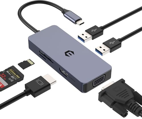 HUB USB C 4K HDMI, Adaptateur USB C, Station d'accueil, hub USB 3.0, hub Double Moniteur USB C, Adaptateur 6 en 1 avec VGA, HDMI, 2 USB 3.0, Lecteur de Carte SD/TF pour tablettes, systèmes Windows