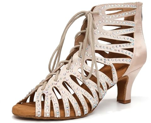 HIPPOSEUS Botines de Baile Latino Mujer Salsa y Bachata Zapatos de Baile Rosa Claro con Cordones y Cremallera Trasera Tacón Alto 6cm,EU 36.5
