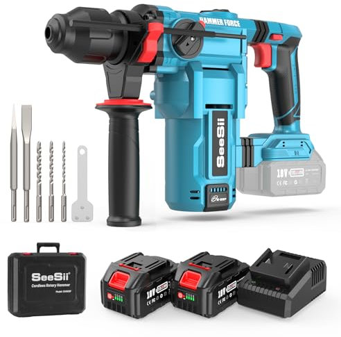 Seesii Taladro Percutor a Bateria: 2 x 5000 mAh Baterías, Motor sin Escobillas, 4,3 J, SDS-plus, Martillo Perforador Con Taladrar por Impacto y Cincelar Para la Renovación del Hogar