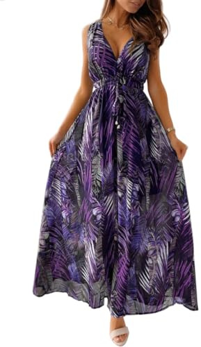 CheChury Vestido Largos Verano Mujer Elegante Vestidos Casual Mujer Bohemio Vestido con Estampado Floral Sin Manga Vestido Maxi Cuello en V Vestidos Florales Vintage Larga Vestido de Playa Vacaciones