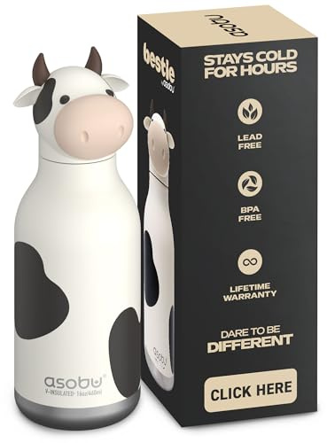 Asobu Bestie Kindertrinkflasche mit Strohhalm – Isolierte Edelstahlflasche 420ml mit Kuhkopf – Auslaufsicher & BPA-frei