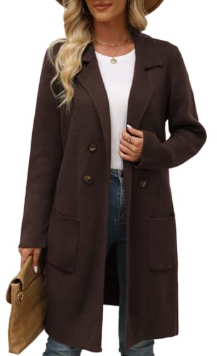 VIMPUNEC Fall Long Cardigan Sweaters for Women Trendy Open Front Coats Knit Jackets Coatigan with Pockets Coffee L